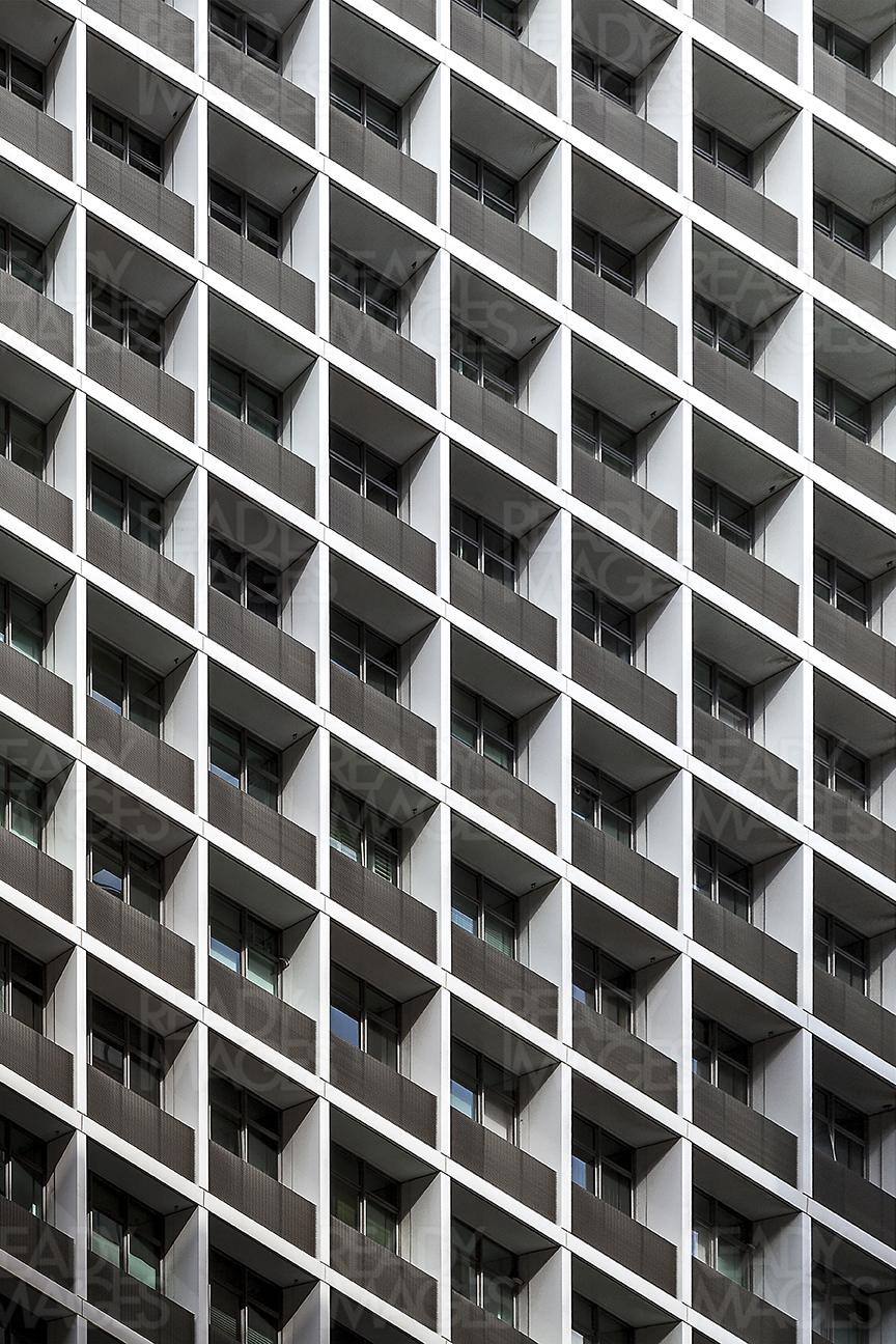 Repetitive facade with balconies of a skyscraper at Martin Place in Sydney
