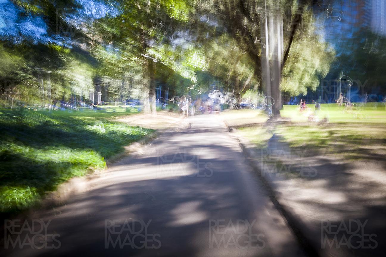 Abstract blurred image of a public park and unrecognizable silhouettes of people on a bright sunny day