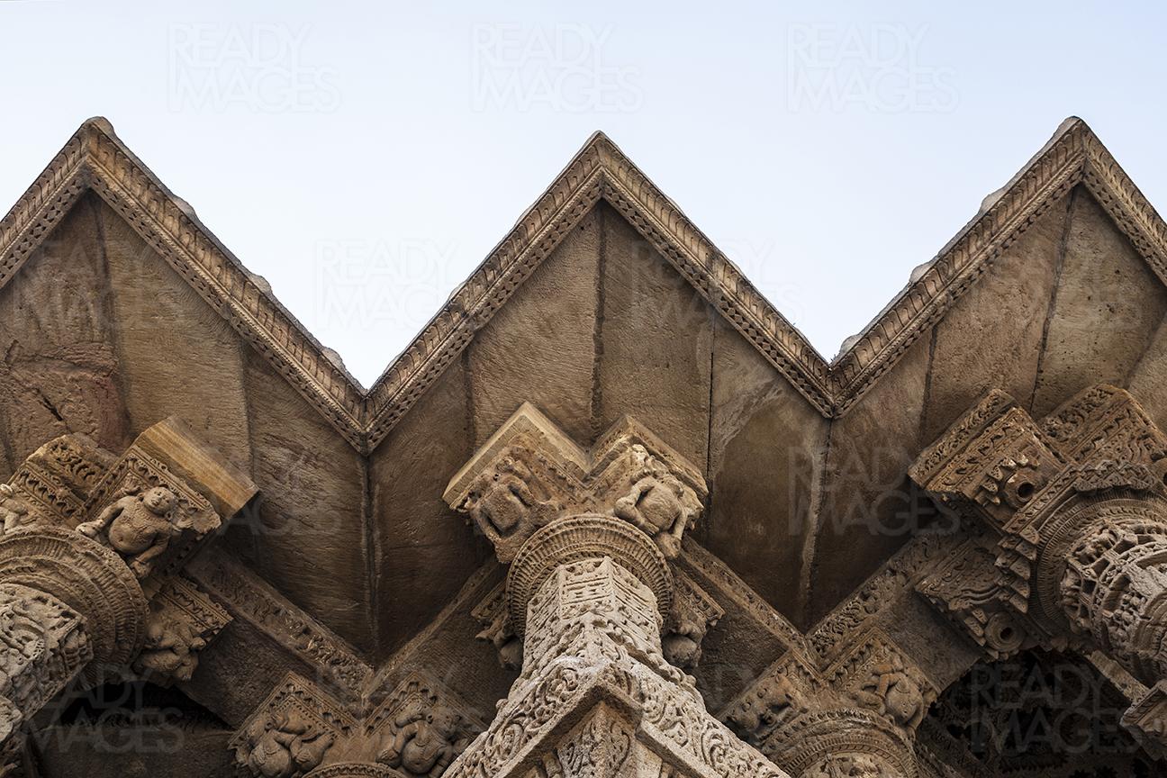 Looking up at the detailed awning on Modhera Sun Temple, Gujarat, India