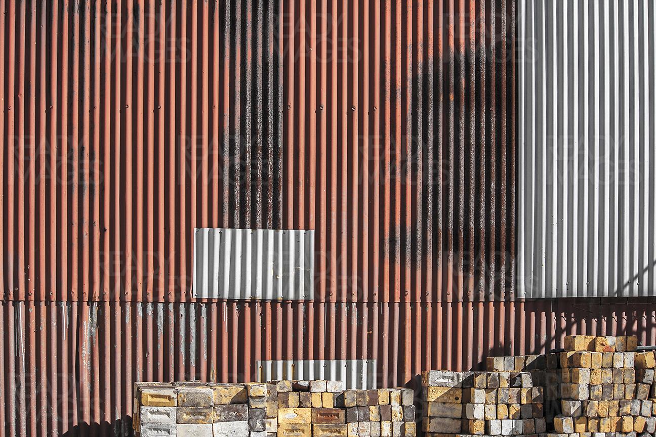 Abstract image of the corrugated sheet facade structure of the Carrigeworks, old train sheds converted into the multi-arts urban cultural precinct