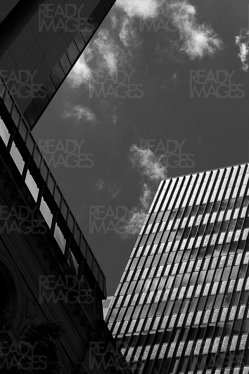 Black and white low angle image, looking up at one of the tall buildings in Sydney CBD