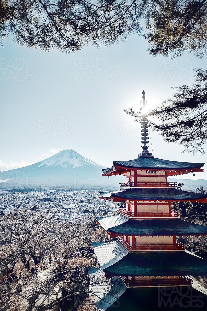Snow-capped Mount Fuji and five storied Pagoda of Arakura Sengen Shrine on a clear winter day