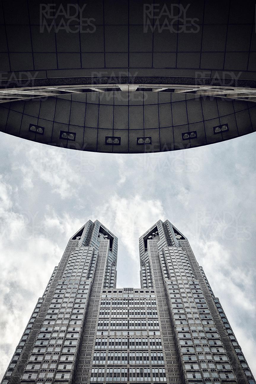 Looking up from the plaza of Tokyo Metropolitan Government Building designed by architect Kenzo Tange. It is located very close to Shinjuku Station