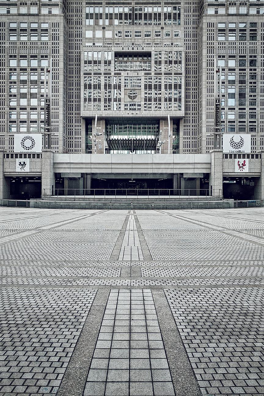 Fine facade details at the entry of Tokyo Metropolitan Government Building designed by architect Kenzo Tange. Located very close to Shinjuku Station, the building is 43 stories tall and houses an observation deck on top giving beautiful views of Tokyo City
